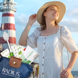 RADIUS Clean Getaway Deluxe Oral Care Gift Set (Tour Travel Toothbrush With Replacement Head, Organic Matcha Mint Toothpaste, 0.8oz, Biodegradable Silk Travel Floss, Blue Travel Bag), 1 Count