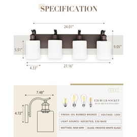 JAZAVA 4 Light Bathroom Vanity Light, Morden Bathroom Lighting Fixtures Over Mirror Oil Rubbed Bronze Modern Wall Sconce with Milky White Frosted Shade ZCVL01ORBW-4