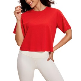 CRZ YOGA Womens Loose Fit Cotton Polyester Short Sleeve Shirts Crop Tops Casual Workout T-Shirts Festival Red Small