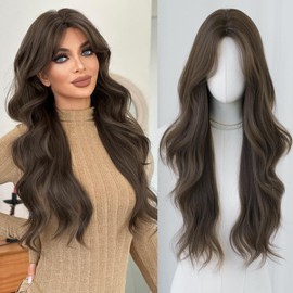 7JHHWIGS 30in Tea Brown Long Wavy Curly Bangs Wigs Natural Mixed Brown Heat Resistant Synthetic Fiber Women Long Wacy Curly Wigs for Chrismas Daily Party Daily Used