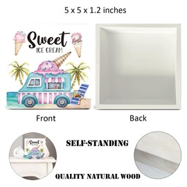 Summer Decor Ice Cream Car Wood Sign Sweet Summer Decorations Farmhouse Home Table Desk Decor (5 x 5 Inches)