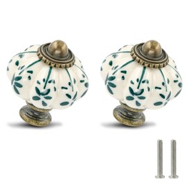 Ivory & Green Pumpkin Knobs 12 Pack Ceramic Cabinet Knobs Vintage Drawer Pulls - Antique Dresser Pulls with Screws - Green Flower