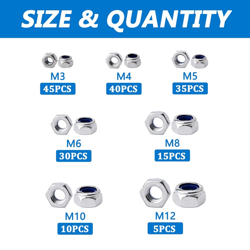 BESTYCHAO 180pcs Nylon Lock Nuts Stainless Steel Insert Hex Nut