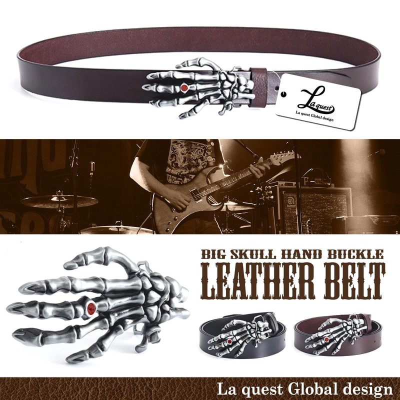 Laquest Men's Skull Hand Buckle Leather Belt Metal Buckle Punk