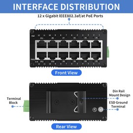 ATROODAC Industrial 12 Port Gigabit PoE Switch, DC 12-48V to 48V PoE Boost