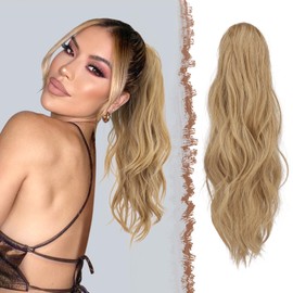 FESHFEN Ponytail Extensions, Long Claw Clip in Ponytail Hairpiece Synthetic Blonde & Ash Blonde Mixed Pony Tails Hair Piece Ponytail with Claw Clip Natural Wavy Hairpieces for Women, 20 inch