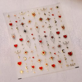 Red Heart Nail Art Stickers 5D Embossed Gold Moon Star Nail Stickers for Nail Art Valentine's Day Nail Stickers for Women Heart Nail Decals Design Star Nail Supplies for DIY Acrylic Nails Decoration