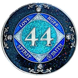 (Years 1-50) NA 44 Year Crystals and Glitter Medallion, Silver Color Plated Coin, Black Rainbow, Blue Glitter and Four Clear Crystals, Epoxy Covered (NA 44 Year Glitter & Crystals Medallion)