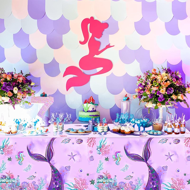 Mermaid Tablecloth - 3PCs, Purple w/ Mermaid Design - Birthday/Baby