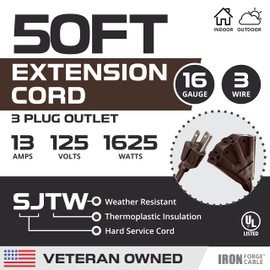Iron Forge Cable 50 Ft Brown Outdoor Extension Cord with 3 Outlet Pigtail, 16/3 SJTW Weatherproof Multiple Outlets Electrical Cable with 3 Prong Grounded Plug, 13 Amp, US Veteran Owned Company