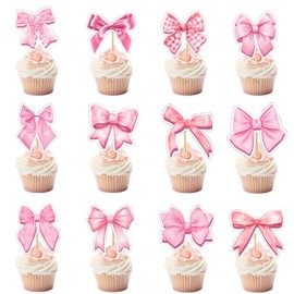 24Pcs Pink Bow Cupcake Toppers Bowknot Pink Girls Birthday Party Decorations for Baby Girl Women Birthday Bachelorette Bridal Wedding Engagement Shower Bow Party Supplies