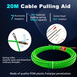 Cable Retraction Aid 4.5 mm 20 m, Pull Wire, Retractable Spiral 20 m, Retractable Spring, Polyester Pull Wire Fish Tape Retractable Aid for Cables with 7 Guide Springs