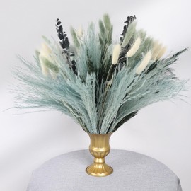 N&T NETING 100Pcs Grey Pampas Grass Decor Natural Dried - Gray Pampas Grass Bunny Tails Eucalyptus Leaves Gray Flowers for Centerpieces Rustic Living Room Home Wedding Boho Modern Decor(17.5 Inch)