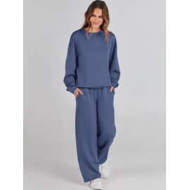 Caracilia Women's 2 Piece Outfits Sweatsuit Fall Crewneck Sweatshirts Wide Leg Pants Lounge Matching Sweat Sets Tracksuit Blue Large