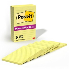 Post-it Notas sper adhesivas, 4 x 6 pulgadas, 5 blocs, 2 veces el poder de adherencia, amarillo canario, reciclables                                  