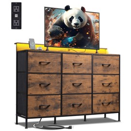 WLIVE Dresser TV Stand for 55 inch, Led Dresser for Bedroom, White Dresser for Bedroom with LED Lights and Charging Station, Chest of Drawers, 9 Fabric Dresser Drawers, Wood Top, Living Room, Closet