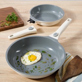 Sur La Table Kitchen Essentials Craft Studio Cast Aluminum Detachable Handle 8 and 10 Inch Skillet Fry Pan Set w/PFA Free Ceramic Non Stick Removable Handle Induction Safe - Eggshell White