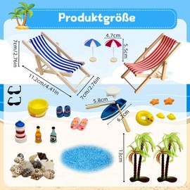 29 Stück Strand-Mikrolandschaft Miniatur Dekoration, DIY Mini-Strand Dekorationen, Strandkorb Sonnenschirm Kleine Palme Segelboot Leuchtturm Muschel Deko, für DIY Garten-Deko Puppenhaus Dekoration