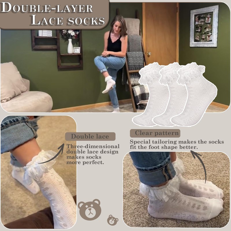 BVIELOY Women Ruffle Socks for mid-calf, Lace Ruffle Frilly Comfortable