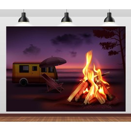 CORFOTO 5x4ft Beach Night Burning Campfire Backdrop Seaside Camping Photography Backdrop Tent Car Background Summer Camping Background Portrait Shooting Photo Prop