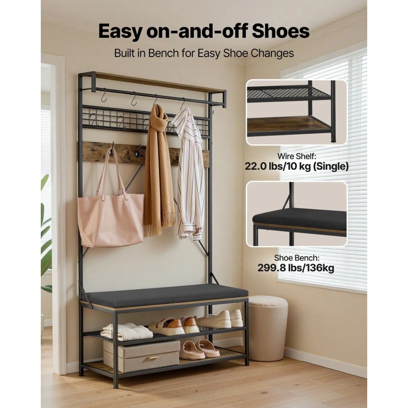 72 in Freestanding Coat Rack with Shoe Bench 2-Tier Storage