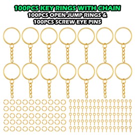 100Pcs Keychain Rings 1 Inch/25mm Gold Key Chain Rings with 100Pcs Jump Rings and 100Pcs Screw Eye Pins Bulk for Crafts