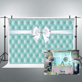 Riyidecor Breakfast Silver Blue Diamonds Bowknot Backdrop 7x5 Feet Teal Bridal Shower Wedding Photography Background Women Girl Party Decoration Supplies Banner Props Photo Shoot Fabric Cloth