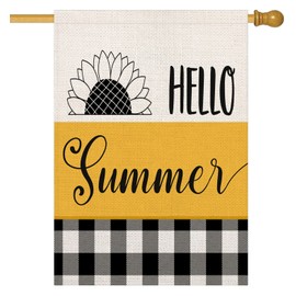 Smilyard Hello Summer Sunflower House Flag 28x40 Inch Double Sided Black and White Buffalo Check Plaid Outdoor Flags Yellow Floral Farmhouse Decorations Holiday Garden Flags for Lawn Outside Decor