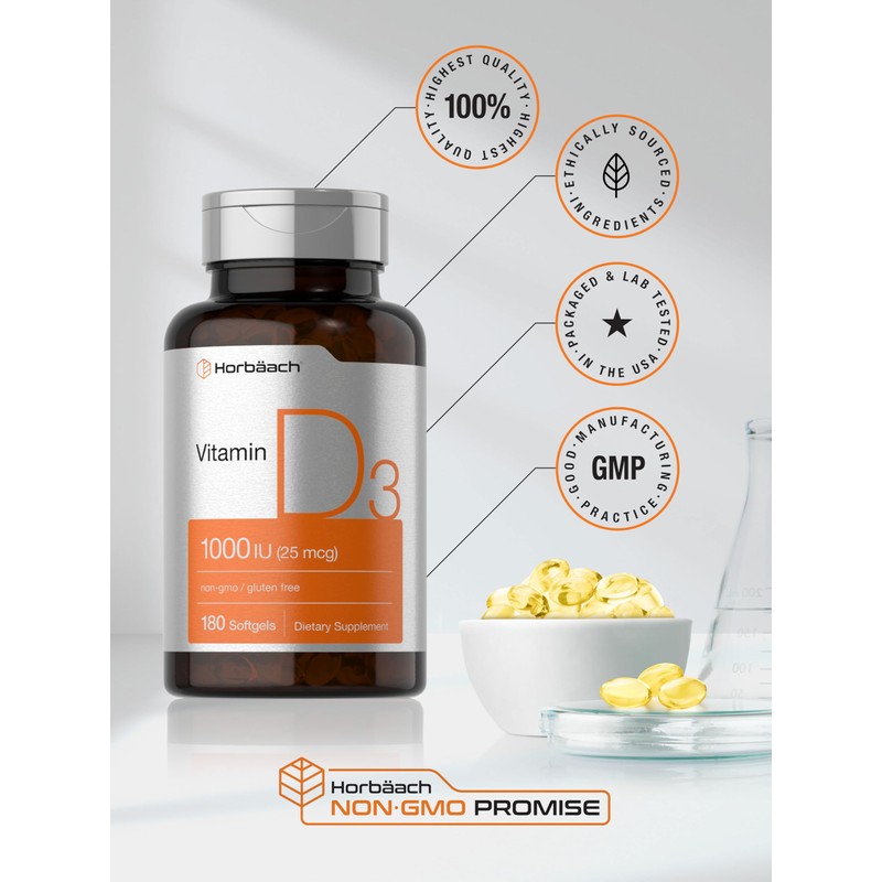 Horbäach Vitamin D3 1000IU (25mcg) Softgels | 180 Count |