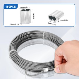 3/32 in Stainless Steel Cable Wire Rope 500ft, 7x7 Strand Stainless Steel Aircraft Cable, for Deck Railing, String Light Hanging, Marine Rigging, Garden Wire with 150 M2.5 Crimping Loops