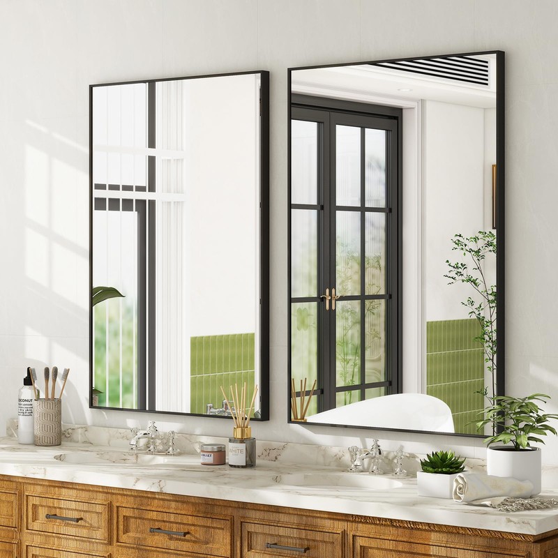 HARRITPURE 20"x28" Rectangular Bathroom Mirror Black Wall Mirror Aluminium Alloy