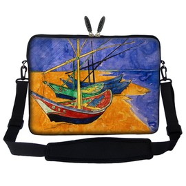 Meffort Inc 15 15.6 inch Neoprene Laptop Sleeve Bag Carrying Case with Hidden Handle and Adjustable Shoulder Strap - Vincent Van Gogh Fishing Boats on The Beach