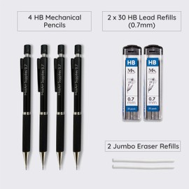 MozArt Mechanical Pencil 0.7mm Set with Case - With 2 x 30 HB Lead Refills, Eraser Pen With Refills -Sketch, Architecture, Drafting, Art, Drawing Supplies, Metal Mechanical Pencils