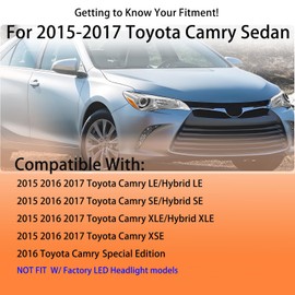 Pair Headlight Assembly Set For 2015 2016 2017 Toyota Camry SE LE XLE Hybrid Replacement with projector Halogen Headlamps Driver and Passenger LH RH Side Chrome Housing Clear Lens OE Style(LH&RH)
