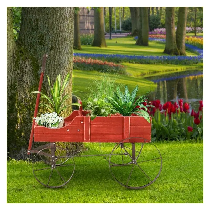 Wooden Wagon Plant Bed with Metal Wheels for Garden Yard