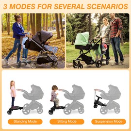 Universal Stroller Board with Detachable Seat, 2 in1 Stroller Ride-On Board, Sit and Stand Stroller Attachment for 3-7 Years Old, Holds Up to 55 lbs