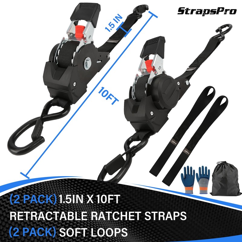 Retractable Ratchet Straps, 1763lb Break Strength Self Retracting Ratchet Straps