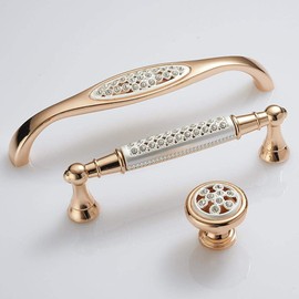 4 Pieces Gold Cabinet Handles, Minimalist Wardrobe Handles with Rhinestones, Zinc Alloy Drawer Knobs for Kitchen, Screws Included (96mm, Model 3-5003)