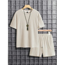 RoseSeek Men's 2 Piece Outfits Textured Drop Shoulder T Shirt and Short Sets Summer Outfits Tracksuit Apricot S