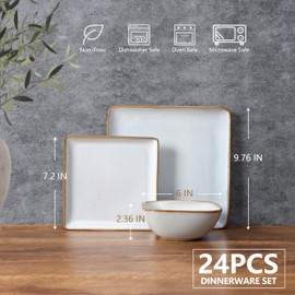 E-far Square Dinnerware Sets for 8, 24-Piece Stoneware Plates and Bowls Dishes Set, Reactive Glaze Porcelain Dishware Sets, Chip & Scratch Resistant, Microwave & Dishwasher Safe, Seashell White