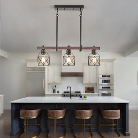 Ruibutrade 3-Light Vintage Industrial Pendant Light Over Table, Adjustable Hanging Light with Walnut Finish & Matte Black Metal Frame, E26 Base Modern Rustic Chandelier for Kitchen Island