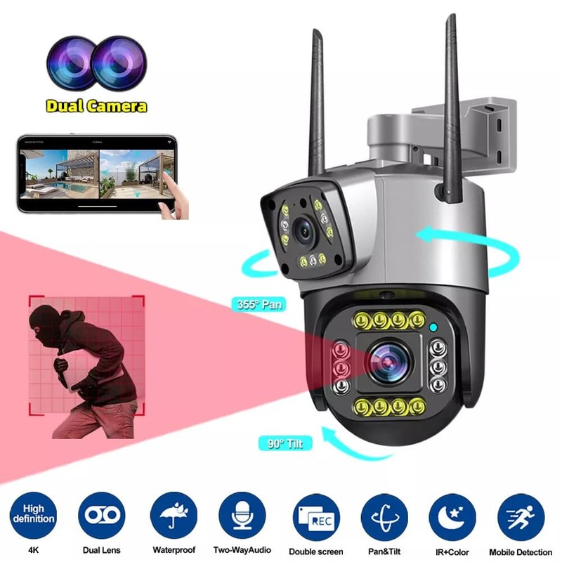 Dual Lens Outdoor PTZ WiFi Security Camera – 1080P/4MP Resolution,