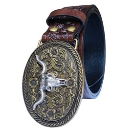Western Belt Cowboy Cowgirl Belt for Men Women - Embossed PU Leather Longhorn Bull Buckle Country Belt for Jean 34-38In waist
