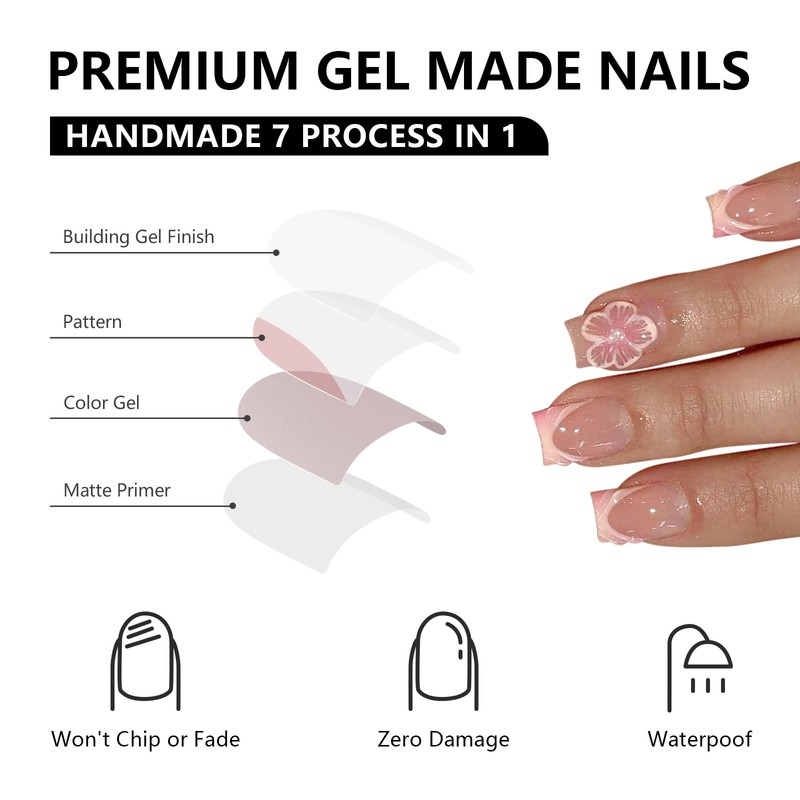 24pcs Short Square False Acrylic Press On Nails Reusable 3D