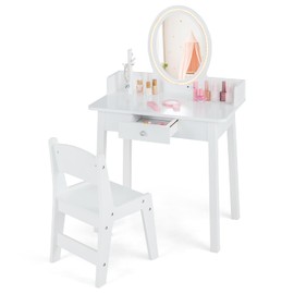 HONEY JOY Kids Vanity Set with Lighted Mirror, 2 in 1 Princess Toddler Dressing Table w/Drawer, Jewelry Tree Organizer, Wooden Makeup Table & Chair Set, Pretend Play Vanity Set for Little Girls, White