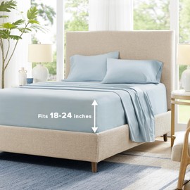 Comfort Spaces Extra Deep Pocket Cooling Sheets - Queen Size, Fits Up to 24" Mattress, Moisture Wicking Coolmax, Soft, Colorfast Sheet Set, Ideal for Hot Sleepers, Blue 4 Piece