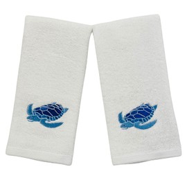 Serafina Home Summer Soft Absorbent Bathroom Guest Sea Turtle Fingertip Towels: Aqua Blue Turquoise Royal Blue Embroidery Design, 2 Piece 12" x 18" Inches