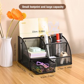 MumdoYAL Desk Organiser, Mesh Metal Office Organiser with Drawer and Pen Holder for Pens, Sticky Notes, Stapler, Folder Clips, Space Saving Desk Organiser