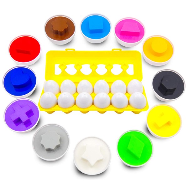 Skoolzy Shapes with Matching Eggs 12 Piece Set - Egg Toy Learning Colors Preschool Puzzle Games Color and Shape Recognition Sorting and Matching Games with eBook and Egg Carton - 12 Shapes 12 Colors