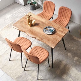 SQPFTW Dining Chair Set of 4, Upholstered PU Leather Seat with Black Metal Legs,Modern Comfortable Kitchen Chair, Curved Backrest Dining Chair for Dining Room Living Home(Mid-Century Brown)